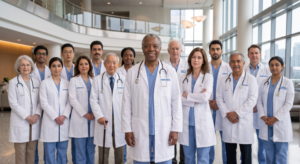 Diverse specialists in labeled white coats stand together, showing direct specialty care works across every specialty