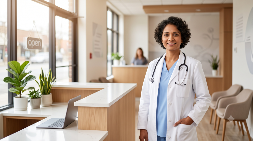 Specialist physician standing in her own independent clinic, ready to start a direct specialty care practice