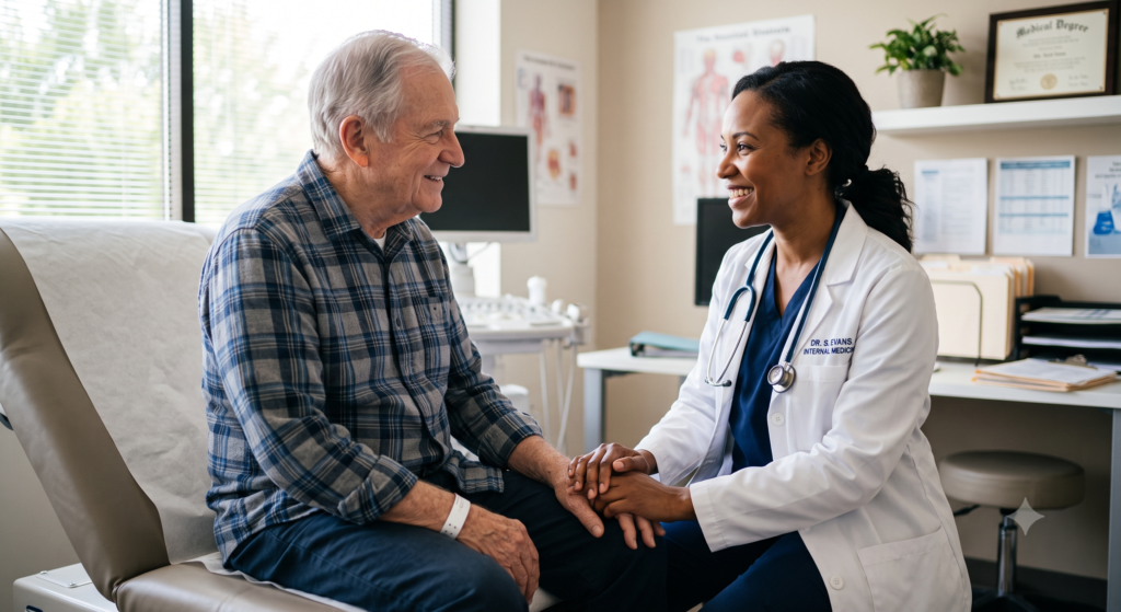 Doctor and patient smiling and holding hands, reflecting the trust of patient-centered direct specialty care