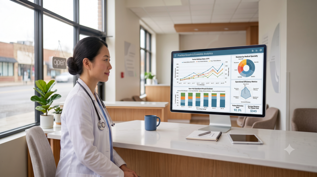 Specialist reviewing simple practice finances at a desk, illustrating the economics of direct specialty care