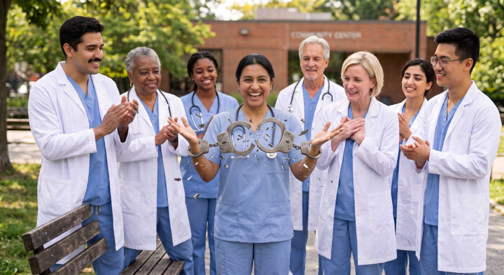 Specialist doctor breaks free from handcuffs as colleagues applaud, symbolizing freedom through direct specialty care