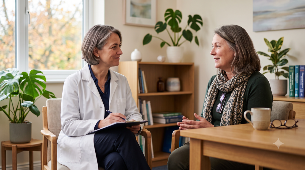 Specialist listening unhurried to a patient, showing concierge-level direct specialty care without the price tag