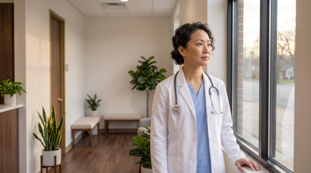 Specialist physician looking out a clinic window, letting go of common direct specialty care myths