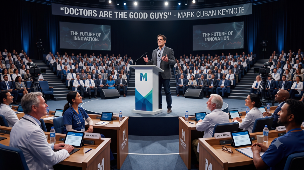 Mark Cuban above a crowd of doctors listening, with his quote, Doctors are the good guys
