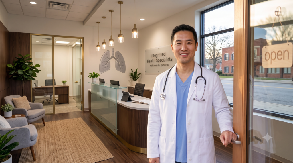 Specialist physician standing in the doorway of her own clinic, representing specialist private practice ownership
