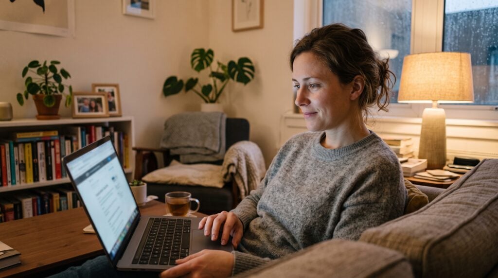 A patient at home finds the right direct care specialist online, easing into relief as they read a clear profile.