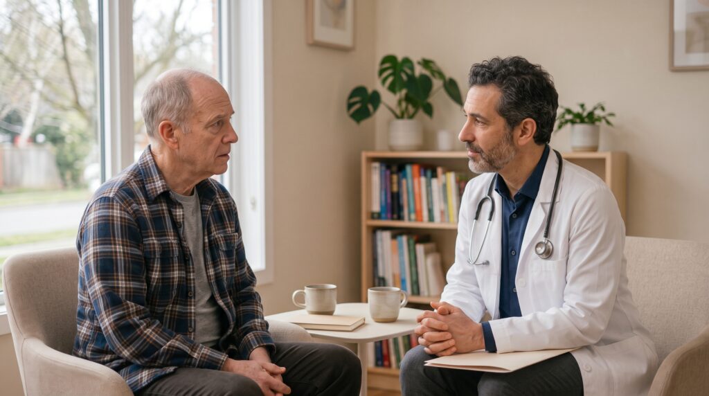 A specialist listens closely to a patient, showing the benefits of direct specialty care — access and unhurried time.