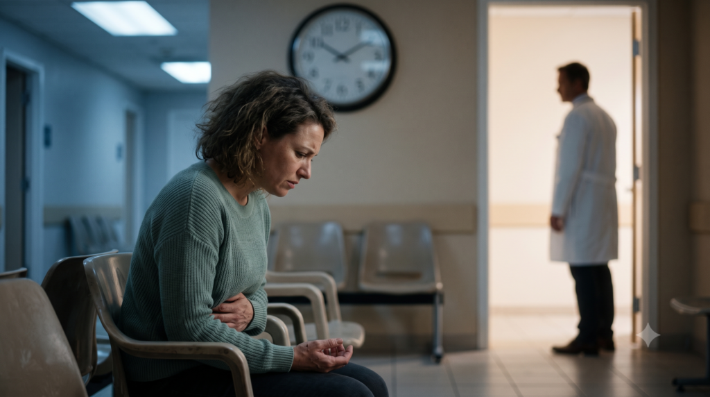 Patient waiting alone in a clinic waiting room, illustrating long specialist wait times and lack of access